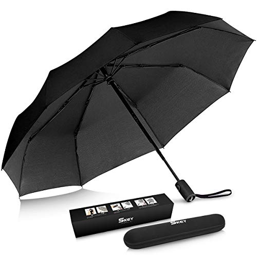 Regenschirm Taschenschirm SKEY umgekehrter Regenschirm Umbrella- inkl. Schirm-Tasche & Reise-Etui - Auf-Zu-Automatik, Teflon-Beschichtung, windsicher, stabil (Schwarz)