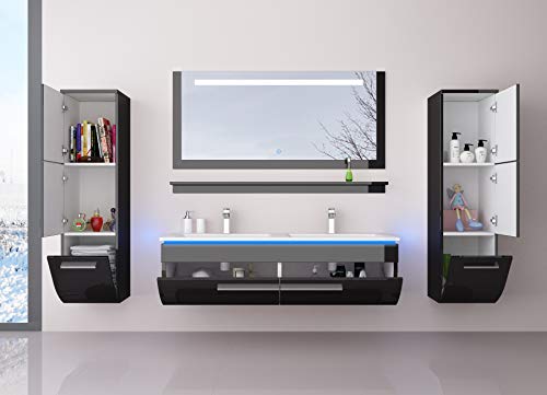 Badmöbel Set Doppelwaschbecken Waschbecken Spiegel und Ablage Vormontiert Badezimmermöbel LED Hochglanz lackiert Homeline1 Schwarz 120 cm 2 Hängeschränke