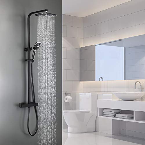 Auralum 2 Funktionen Duschsystem mit Thermostat, Schwarz Duschset Regendusche inkl. Kopfbrause, Handbrause, verstellbarer Duschstange, Dusche Duschpaneel Duschgarnitur Duschsäule Duscharmatur