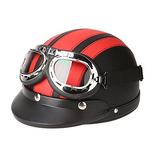 KKmoon Motorrad Roller Open Face Halbes Leder-Helm mit Visier UVschutzbrille Retro Vintage Style 54-60cm