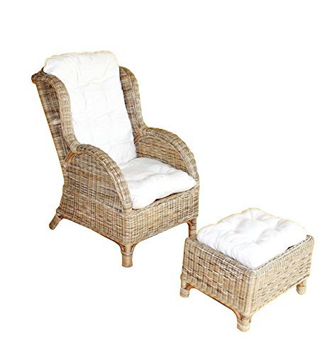 Ohrensessel mit Hocker und Polsterkissen, Rattansessel Korbsessel