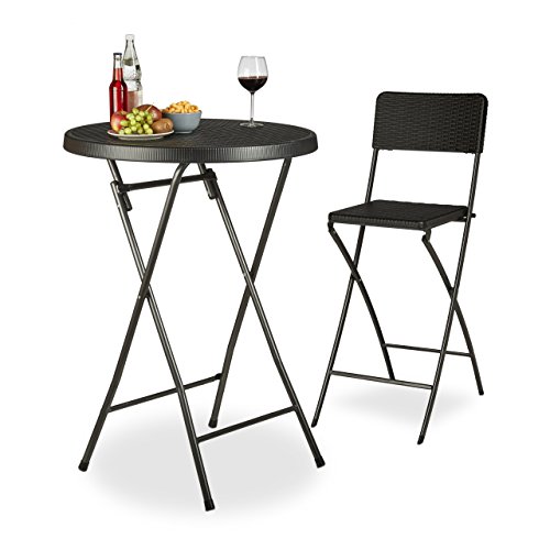 Relaxdays Stehtisch klappbar BASTIAN rund, Bistrotisch HxD: 110 x 80 cm, Rattan-Optik, Wetterfest, Bartisch, schwarz