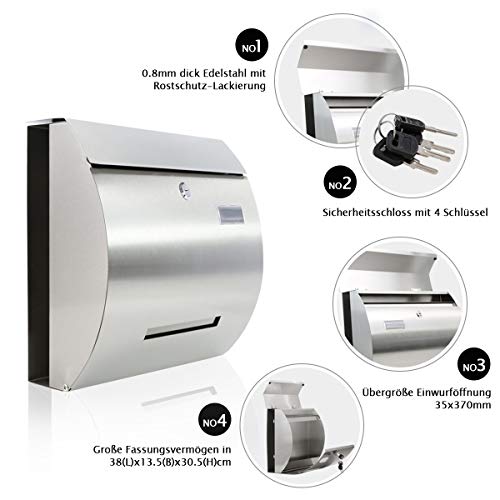Briefkasten Edelstahl mit Zeitungsfach Nisso Briefkasten Lackiert Namensschild Abschließbar Postkasten mit 4 Schlüssel Briefkasten A4 Einwurfformat Silberweiß Wandbriefkasten 380mm x135mm(LxB)