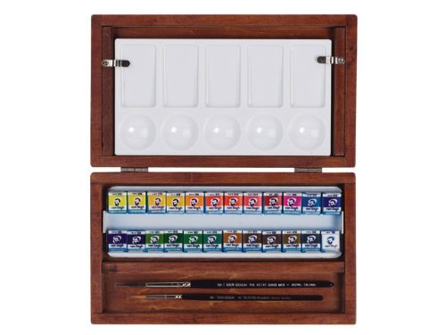 24 Näpfchen Feine Van Gogh Künstler Aquarellfarben im Holz-Aquarellkasten incl. Pinsel und Mischpalette Geschenkset