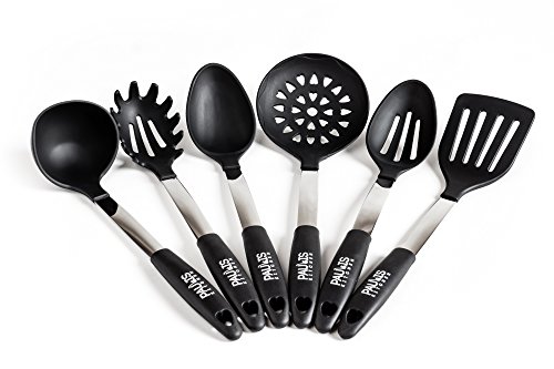 Paulis Kitchen 6 teiliges Küchenhelfer Set aus schwarzen Silikon mit Edelstahl - Pfannenwender Suppenkelle