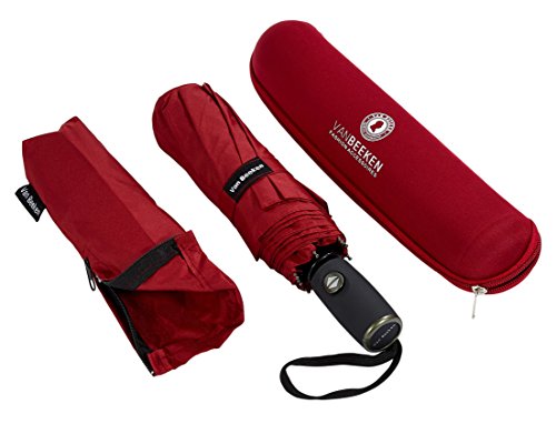 Regenschirm Taschenschirm – VAN BEEKEN – windtest bei 140 km/h – inkl. Schirm-Tasche & Reise-Etui – mit Teflon-Beschichtung u. Auf-Zu-Automatik – kompakt, leicht, klein, stabil u. windsicher, Rot