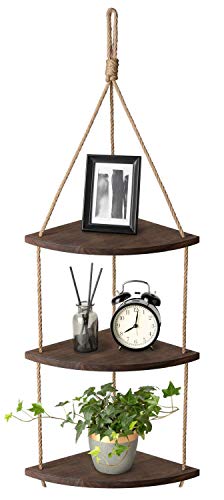 Mkouo Hängend Ecke Regal 3 Tier Jute-Seil Holz Wand Schwimmende Regale Rustic Organizer Displays Storage Rack Home Decor for Living Room Bedroom Bathroom Kitchen, Dark Brown