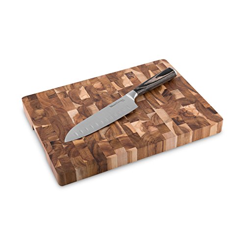 Santokumesser-Set 17 cm mit Akazienholz Schneidebrett Sakura 2 tlg. von Springlane Kitchen Kochmesser japanischer Art aus Edelstahl mit Kullenschliff und robustem Echtholz Schneidbrett messerschonend
