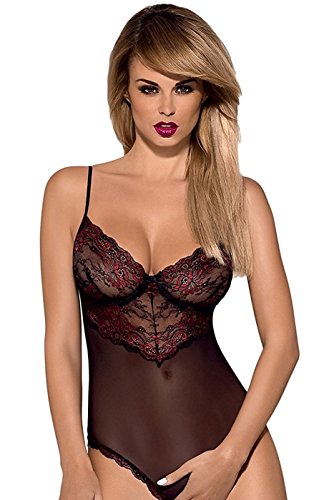 Selente verführerisches 2-teiliges Damen Dessous-Set mit Ouvert-Body & Exklusiver Satin-Augenbinde Made in EU, schwarz-Bordeaux, Gr. S/M