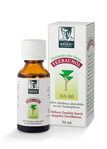 BADERs Teebaumöl MA-100, 30ml. Der Klassiker aus der Apotheke. Doppelt destilliert. 100% reines melaleuca alternifolia aus Australien. Hilfreich zum Beispiel bei unreiner Haut, Pickeln, Akne, Pigmentflecken, Fußpilz, Warzen, Zahnfleischproblemen, Erkältungen. In der Lichtschutz-Faltschachtel. Pharmanummer: 00237972