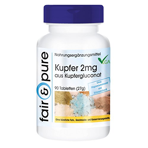 Kupfer 2mg, Kupfergluconat, vegan, ohne Magnesiumstearat, 90 Kupfer-Tabletten, Kupfer Nahrungsergänzung zum Einnehmen