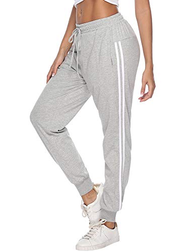 Hawiton Damen Sporthose Jogginghose Lang Streifen Baumwolle Freizeithose Hose für Fitness Training Blau XL