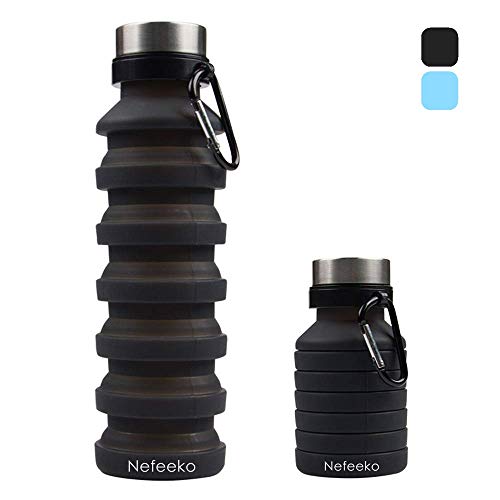 Nefeeko Faltbare Wasserflaschen,550ML Faltbare Trinkflasche Auslaufsicher Sportflasche,BPA Frei Silikon Flasche Wiederverwendbar Trinkflasche für Reise Camping Radfahren Klettern mit Karabinerhaken