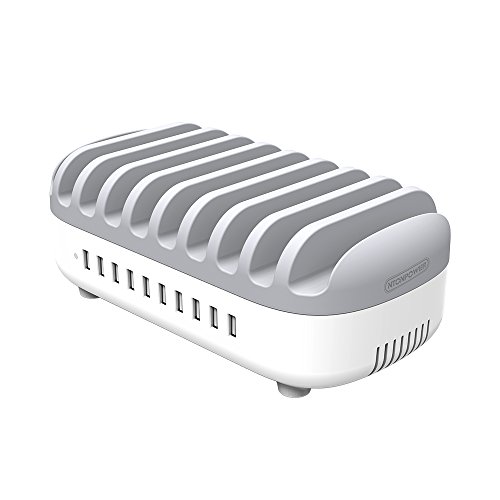 NTONPOWER USB Ladestation für 10 Handy und Tablet 120W Dockingstation für Mehrere Geräte- -Weiß/Grau(MEHRWEG)