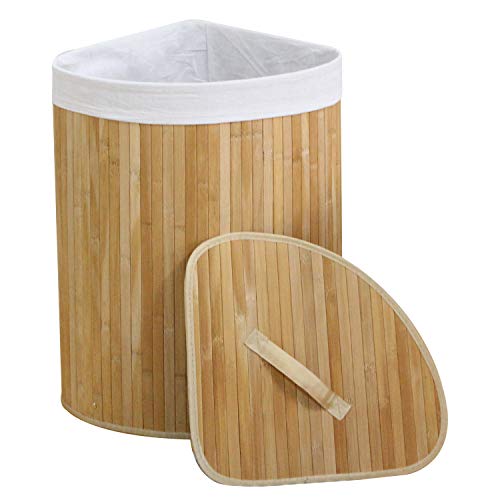 WM Homebase Wäschekorb aus Bambus Faltbar Aufbewahrungsbox Herausnehmbaren Wäschesack mit Deckel für Ecken Naturfarbe 35x35x60CM