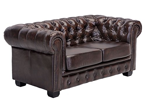 Woodkings Chesterfield Sofa 2-Sitzer Braun Vintage Echtleder Couch Bürosofa Polstermöbel 2er antik Unikat Herrenzimmer englisches Ledersofa Stilsofa
