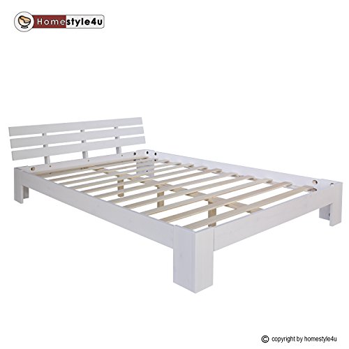 Homestyle4u 1835 Holzbett 160x200 cm Doppelbett Weiß mit Lattenrost Futonbett 160 x 200 Bettgestell Bett aus Kiefer Massivholz