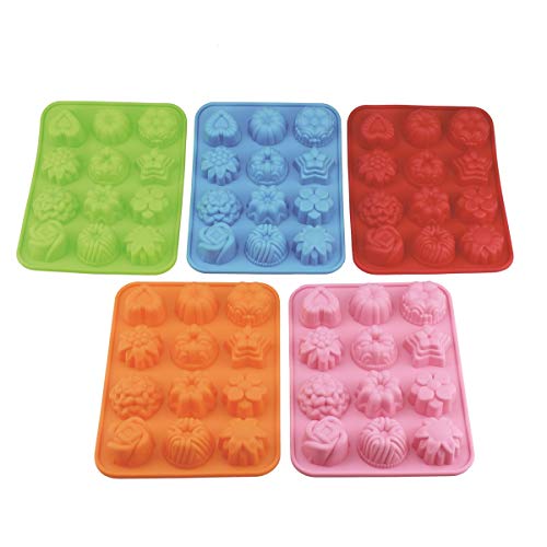 (5 Stück) 12 Mulden Silikon Blume Seife Form Kuchen Brot Form Schokolade Jelly Candy Backform – 5 Farben (Pink, Blau, Orange, Grün, Rot)