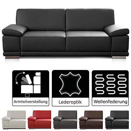 CAVADORE 2,5-Sitzer Sofa Corianne in Kunstleder / Kleines Leder-Sofa in hochwertigem Kunstleder und modernem Design / Mit verstellbaren Armlehnen / 191 x 80 x 99 / Kunstleder schwarz