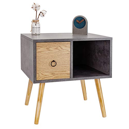 WOLTU Nachttisch TSR72gr Nachtkommode Nachtschrank Beistelltisch Sofatisch, mit Schublade und Offenem Fach, mit Beinen, Holz, Grau, 48x40x50cm(BxTxH)