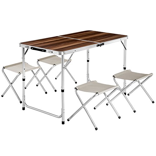 TecTake Koffertisch mit 4 Sitzhocker Campingmöbel Set Aluminium | Totalmaße geklappt 61x61x6,5 cm