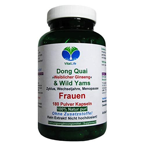 Dong Quai'Weiblicher Ginseng' & Wild Yams 180 Pulver Kapseln NATUR PUR #26407 | NICHT hochdosiert. KEIN EXTRAKT. OHNE ZUSATZSTOFFE. OHNE FÜLLSTOFFE! Hergestellt und abgefüllt in Deutschland.