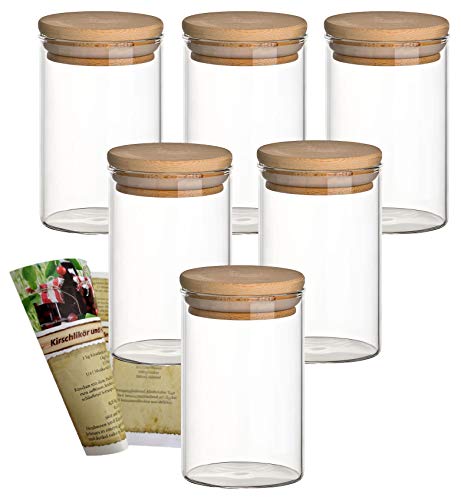 gouveo Set Glasbehälter aus Borosilikatglas mit Bambus-Deckel, Vorratsgläser, Gewürzgläser, Glasdosen, Vorratsdose