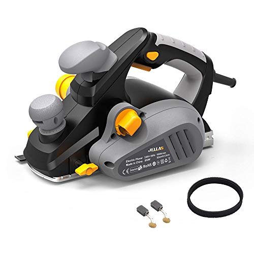 JELLAS Elektrohobel, 16000 U/min 850W Elektro Hobel mit Hobelbreite 82mm Und Spantiefe 3mm, Ersatzkohlebürsten und Antriebsriemen, Ständer, Staubfangbeutel, Parallelanschlag Und Falzführung, 2,3kg