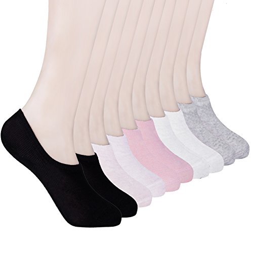 HBselect 10 Paar Damen Füßlinge aus Baumwolle unsichtbare kurze Socken mit Rutschfestem Silkon für die Größe 35-40 schwarz, weiß, grau, rosa und hell lila