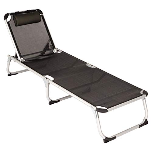 Divero Gartenliege Camping Liege schwarz 187x57x30 cm mit Kopfkissen Sonnenliege klappbar 5fach verstellbar Aluminiumrahmen grau Dreibeinliege wetterfest robust Puula