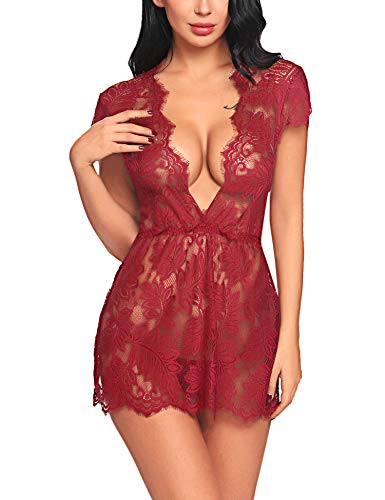 ADOME Reizwäsche Dessous-Sets Lingerie Damen Sexy V-Ausschnitt Nachthemd Spitze Negligee Unterwäsche Set Erotik Sleepwear Kleid