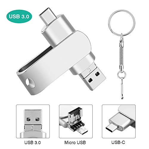 USB Stick 64GB, 3 in 1 USB Memory Stick USB 3.0,Type C, Micro USB Stick Wasserdicht Stoßfest Metal Flash Drive mit Schlüsselanhänger kompatibel für Android/Windows