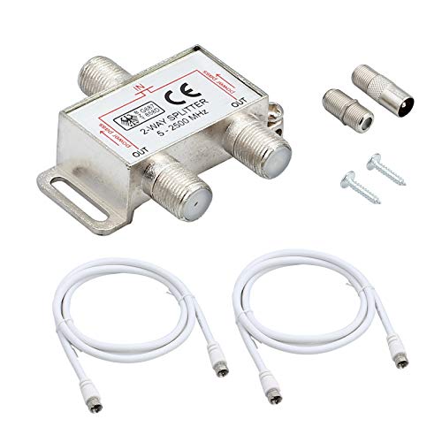 2-Fach TV Radio F-Stecker Adapter Kabel Antennen Verteiler SAT Splitter Metall TV-Verteiler inkl. Adapter + 2 x 1.5m Kabel + 1 x F Stecker auf Koax Stecker + 1 x F Buchse auf Koax Kupplung