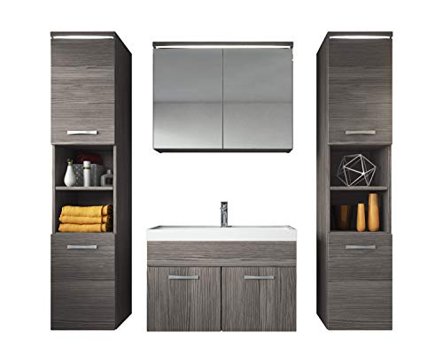 Badezimmer Badmöbel Set Paso XL LED 80 cm Waschbecken Bodega (Grau) - Unterschrank 2X Hochschrank Waschbecken Möbel
