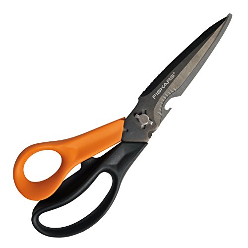 Fiskars Mehrzweckschere mit trennbaren Klingen, Inklusive Schutzhülle mit Scheren-Schärfer, Länge 23 cm, Titaniumbeschichtung, Rostfreier Stahl-Klinge/Kunststoff-Griffe, Schwarz/Orange, Cuts + More, 1000809