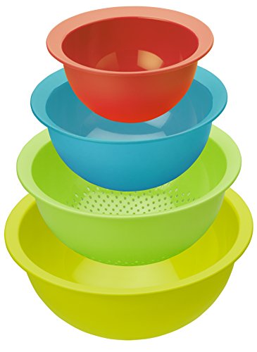 Rotho 1161799998 Küchenset 'Caruba' aus 3 Rührschüsseln und 1 Küchensieb, Inhalt 1-4,8 L, Durchmesser 18,5-30 cm, 4 Einheiten, Kunststoff, mehrfarbig, 30 x 30 x 13 cm