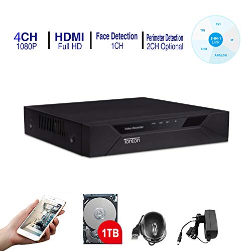 Tonton CCTV 4CH Full HD 1080P DVR Digital Videorecorder Receiver mit 1TB Festplatte, Netzwerk DVR HDMI VGA Ausgang, unterstützt TVI/AHD/CVI/Analog Kamera/IP Kamera und analoge Kamera