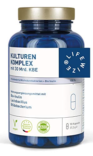 EINFÜHRUNGSPREIS - LifeWize Kulturen Komplex 30 Mrd. KbE Lactobacillus + Bifidobacterium mit Bio Inulin - Hochdosiert, Vegan & Ohne Zusatzstoffe - Aus Deutschland