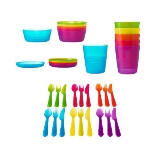 IKEA KALAS 36-Teiliges Kinder Ess Set, Schüsseln, Teller, Becher, Besteck farbl.. sortiert geeignet f. Spühlmaschine und Mirkowelle