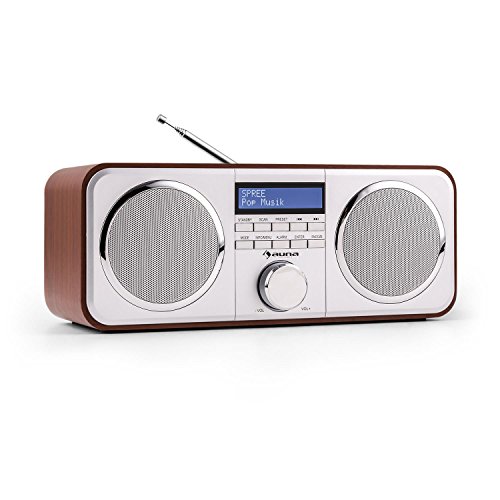 auna Georgia • Digitalradio • DAB+ / UKW-Radiotuner • diverse Sendersuche-Einstellungen • blau beleuchtetes LCD-Display mit Dimmfunktion • Datum- und Uhrzeit-Anzeige via DAB-Daten • RDS • Wecker mit Snooze und Sleep-Timer • AUX-Eingang • braun