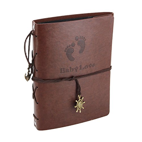 XIUJUAN Baby Fotoalbum zum Selbstgestalten Fotobuch Selbst Gestalten Vintage Leder Schwarze Seiten Scrapbook Babyalbum Photo Album, Geschenke zur Taufe Geburt Geburtstagsgeschenk für Baby Junge Mädchen, Fußabdruck, Braun Groß