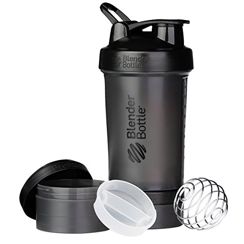 BlenderBottle Prostak Protein Shaker / Diät Shaker  (650ml, skaliert bis 450ml, mit 2 Container 150ml & 100ml, 1 Pillenfach) Schwarz
