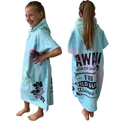 Homelevel Surfponcho Mädchen Jungen Teenager Kinder Poncho 8-13 Jahre Badeponcho Strandtuch Handtuch Cape Baumwollmischung Velours Frottee Badetuch mit Kapuze Mint Surfing