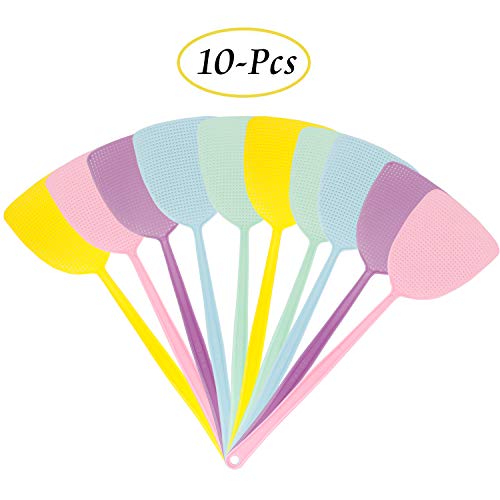 MojiDecor Fliegenklatsche 10 Stück, Pest Control, mit Integriertem Mückenschaber Mückenschutz Fliegenschutz für Fliegen, Mücken und Insekten, Farblich Sortiert