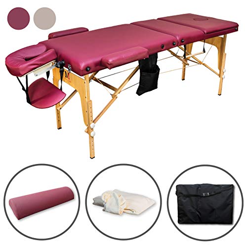 Massunda All Inkl | Massage-Liege klappbar und höhenverstellbar | Voll-Holz | Mobiler Kosmetik-Tisch inkl. Frotteebezug, Arm- und Rückenlehne, Nackenkissen, ergonomische Kopfstütze (Burgund)