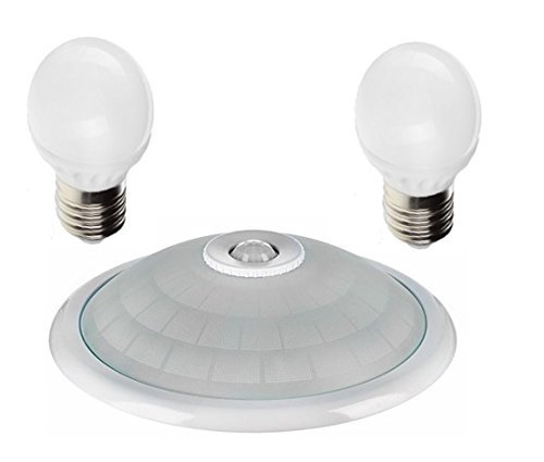 Deckenleuchte Weiß-Chrom mit Bewegungsmelder | 360° Sensor | mit 2 LED E27 9W Leuchtmittel | 18 W (Weiß Rahmen - Warmweiß)