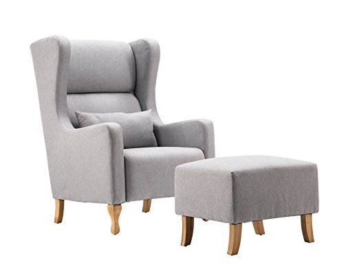 MCombo Ohrensessel Armlehnensessel Fernsehsessel Polstersessel Federkern Stoff mit Hocker