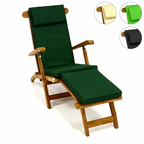 DIVERO Liegestuhl eleganter Deckchair 'Florentine' Steamer Chair Teakholz Liegenauflage mit Kopfteil mit 4 Segmenten wasserabweisend Bezug abnehmbar mit Reißverschluss (dunkelgrün)