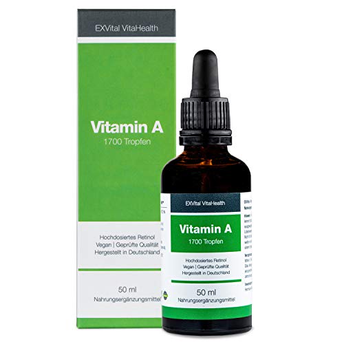 Vitamin A Tropfen von EXVital Vitahealth - 5000 I.E (1500 µg) pro Tagesdosis, 50 Ml= 1700 Tropfen, laborgeprüft, hochdosiertes Retinol - Vegan - Vitamin A flüssig Liquid, Hergestellt in Deutschland