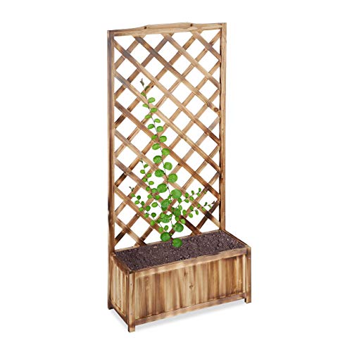 Relaxdays Rankkasten mit Rankgitter, wetterfest, Holz, f. Balkon, Garten, Rosen, 35 L Kübel, 150 cm Rankhilfe, gebrannt